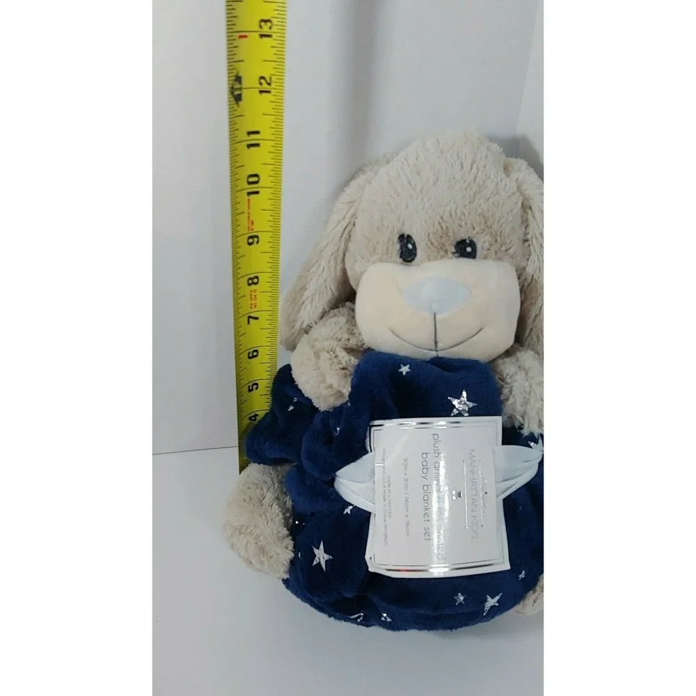 Manhattan Kids plush tan puppy dog holds blue silver stars baby blanket gift set